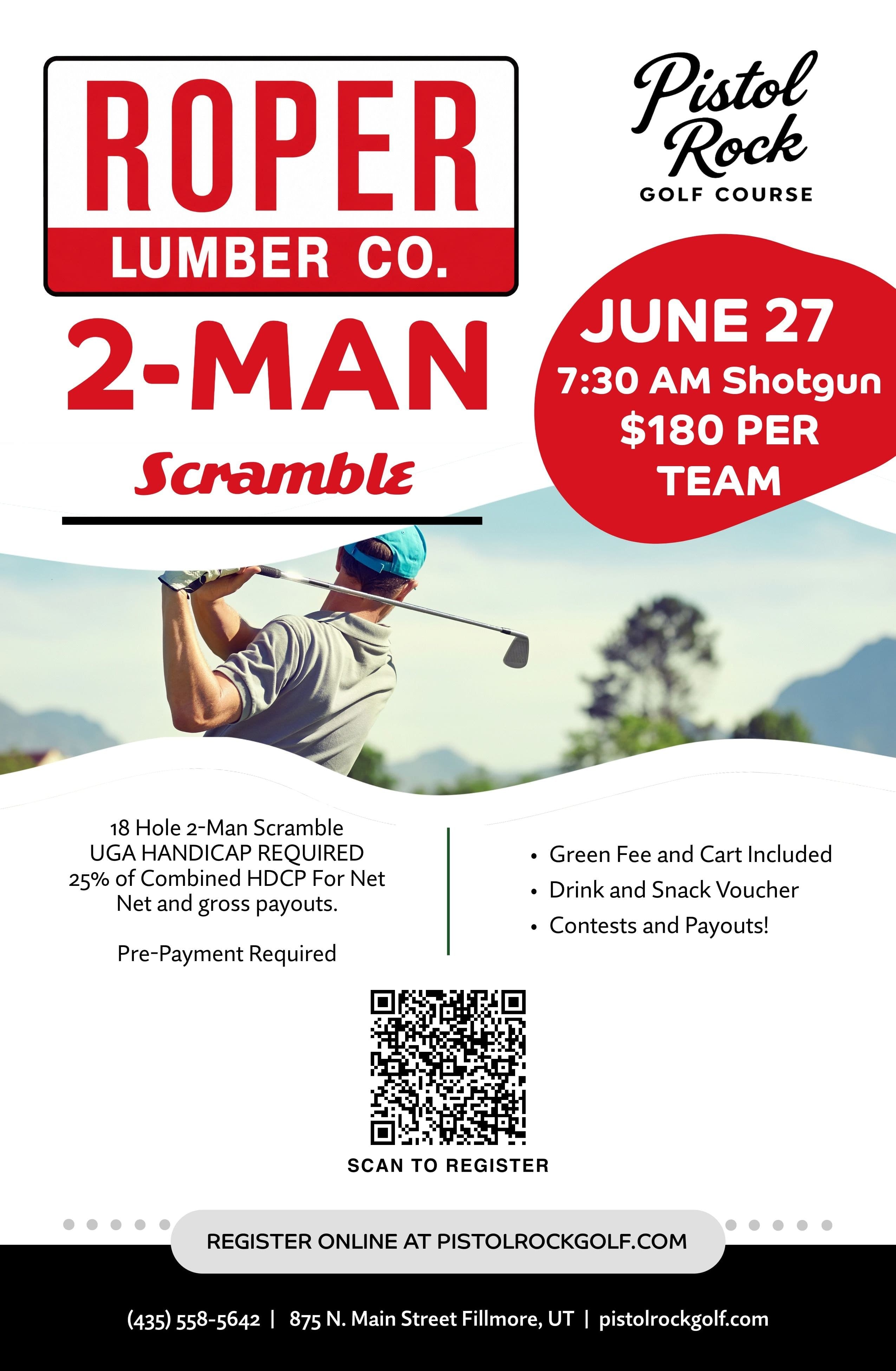 Roper Lumber 2-Man Scramble tournament flyer with QR code