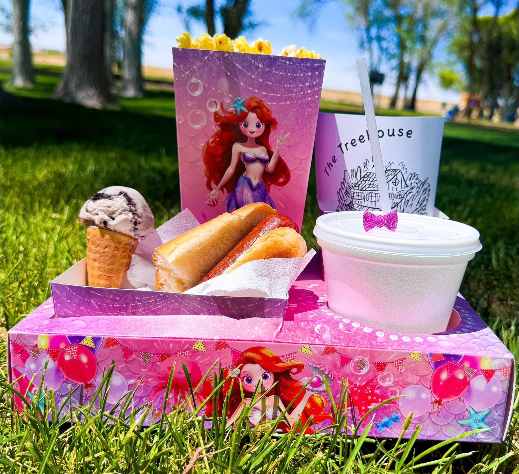 Mermaid-themed kids combo box with a hot dog, popcorn, an ice cream cone, and a drink on the grass